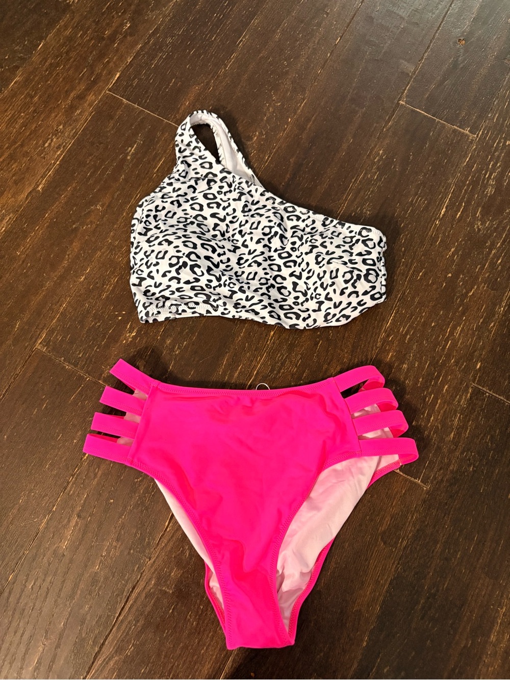 One-Shoulder Leopard Print Top & Hot Pink High-Waist Bikini Bottoms